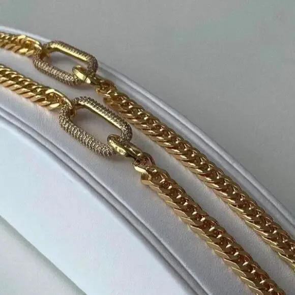 Gold Zircon Rectangular Charm Necklace Chain Link - Picture 7 of 11